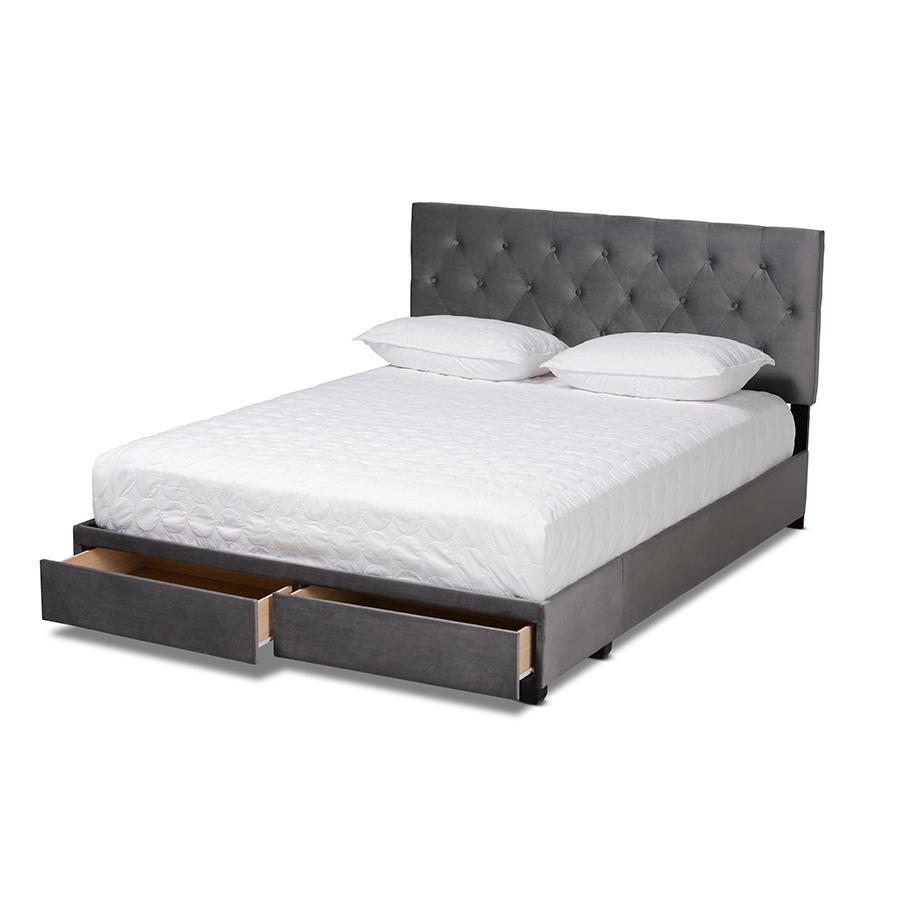 Grey Velvet Fabric Upholstered 2-Drawer Queen Size Platform Storage Bed. Picture 2