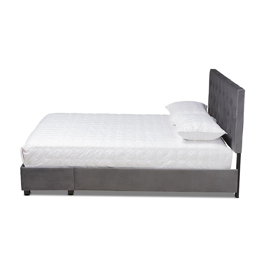 Grey Velvet Fabric Upholstered 2-Drawer Queen Size Platform Storage Bed. Picture 3