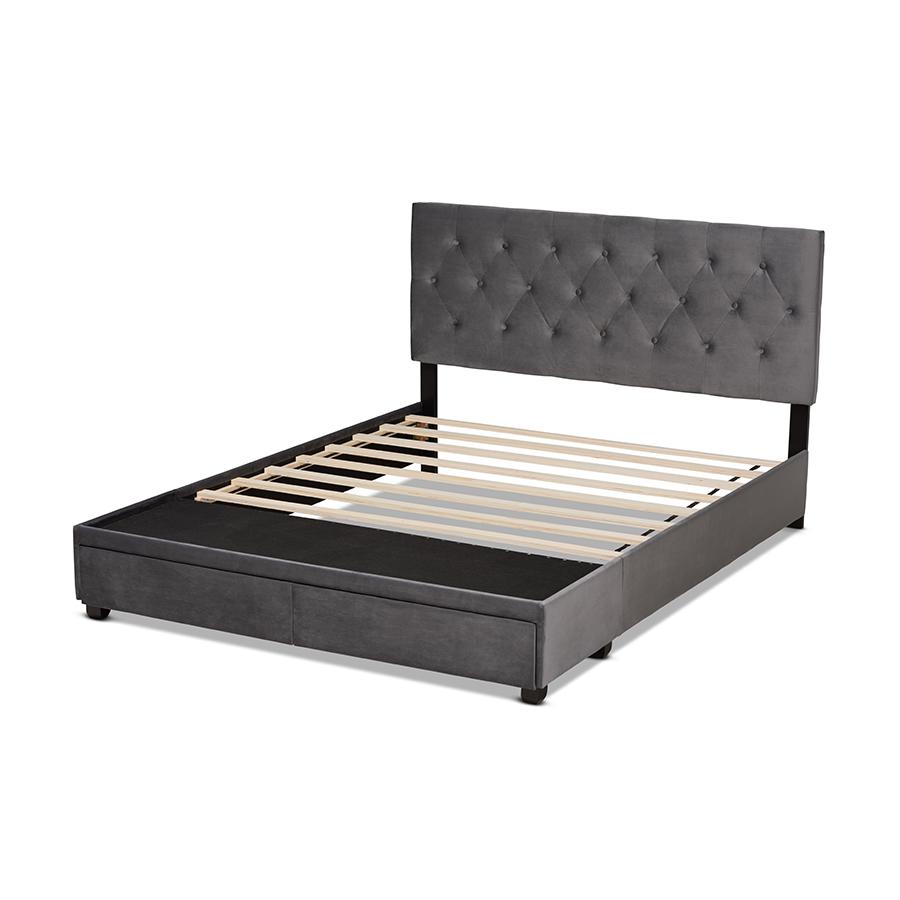 Grey Velvet Fabric Upholstered 2-Drawer Queen Size Platform Storage Bed. Picture 4