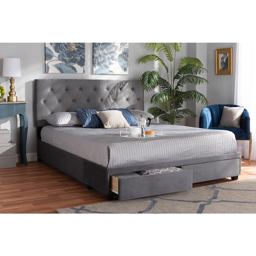 Grey Velvet Fabric Upholstered 2-Drawer Queen Size Platform Storage Bed. Picture 9