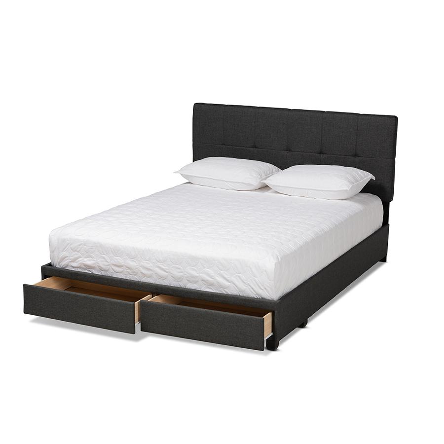 Baxton Studio Netti Dark Grey Fabric Upholstered 2-Drawer Queen Size Platform Storage Bed. Picture 2