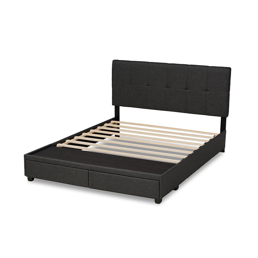 Netti Dark Grey Fabric Upholstered 2-Drawer Queen Size Platform Storage Bed. Picture 4