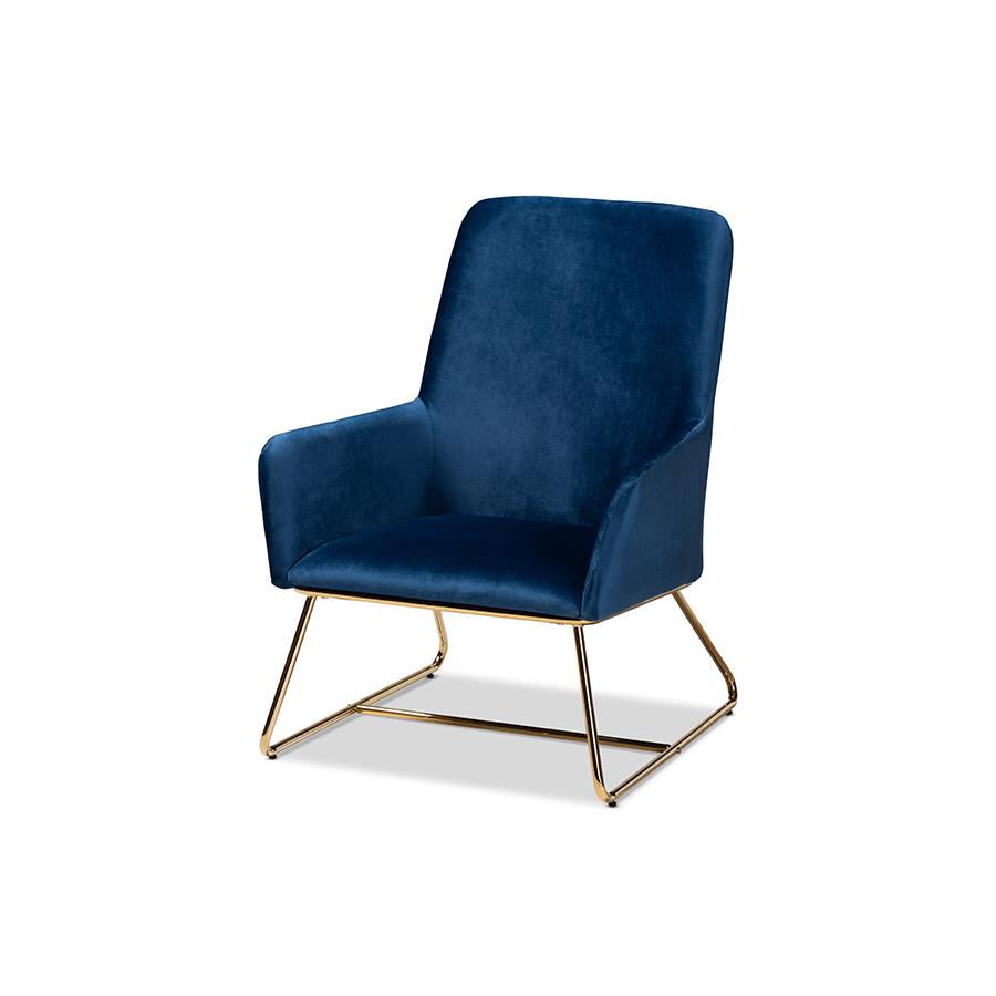 Baxton Studio Sennet Glam and Luxe Navy Blue Velvet Fabric Upholstered Gold Finished Armchair. The main picture.