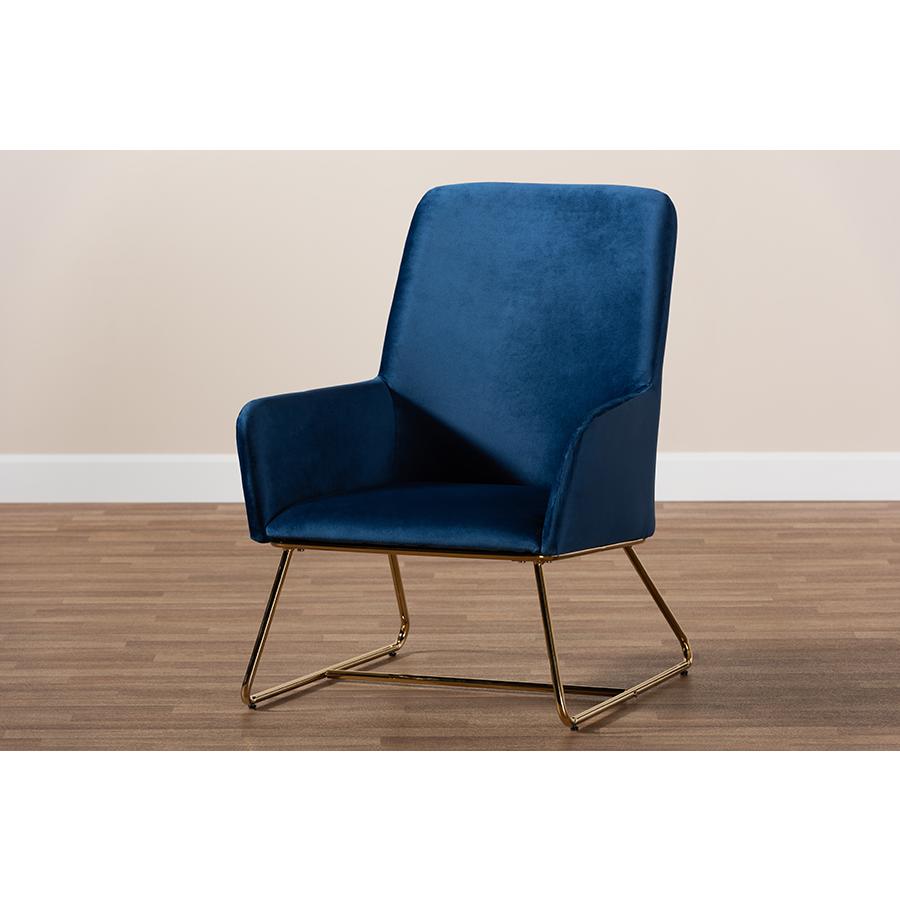 Baxton Studio Sennet Glam and Luxe Navy Blue Velvet Fabric Upholstered Gold Finished Armchair. Picture 9