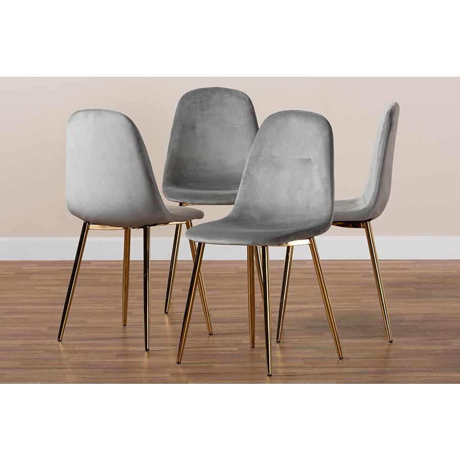 Baxton Studio Elyse Glam and Luxe Grey Velvet Fabric Upholstered Gold Finished 4-Piece Metal Dining Chair Set. Picture 7