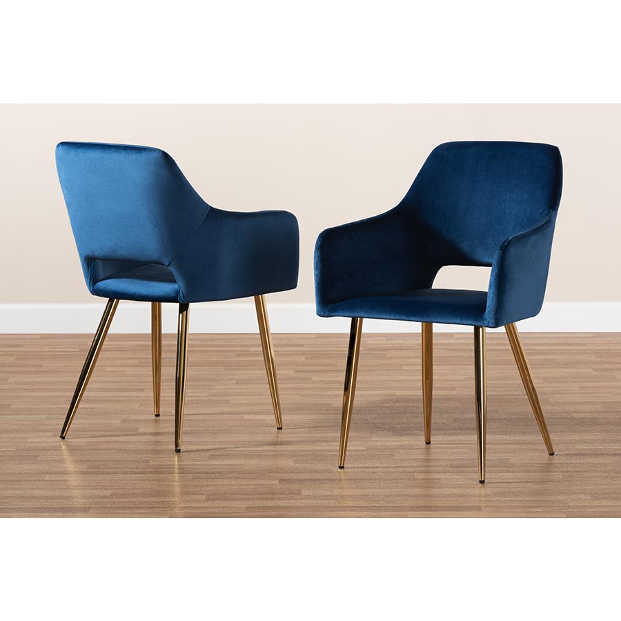 Baxton Studio Germaine Glam and Luxe Navy Blue Velvet Fabric Upholstered Gold Finished 2-Piece Metal Dining Chair Set. Picture 8
