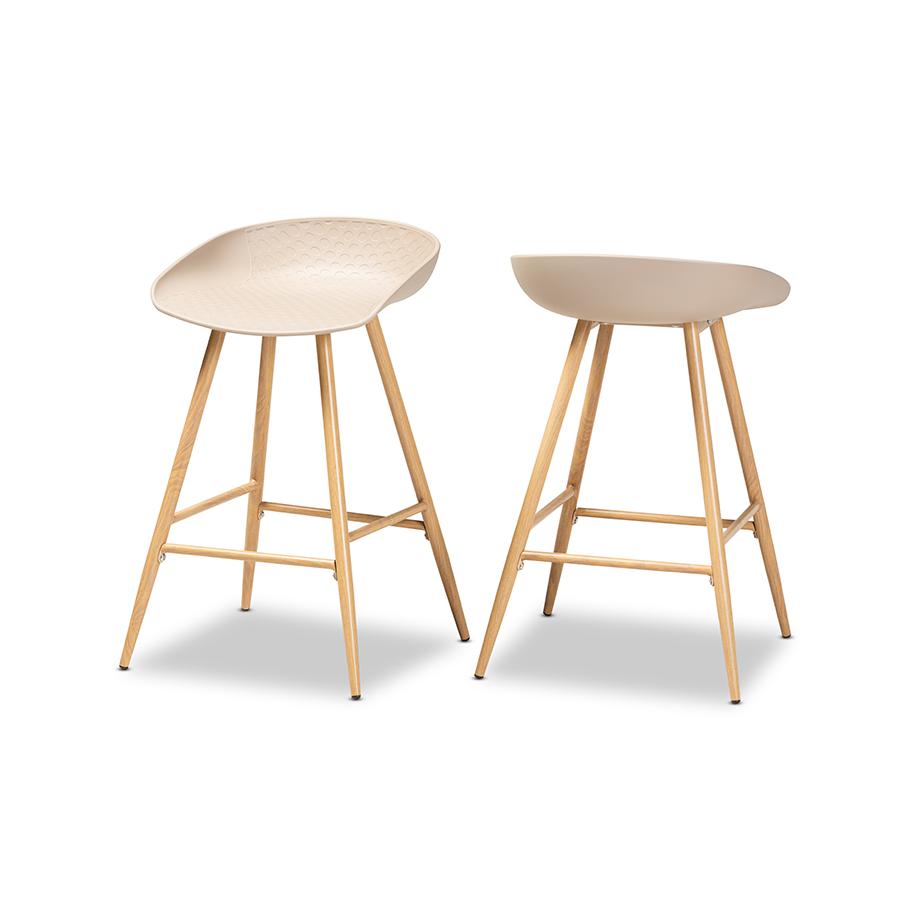 Baxton Studio Mairi Modern and Contemporary Beige Plastic and Wood Finished 2-Piece Counter Stool Set. Picture 1