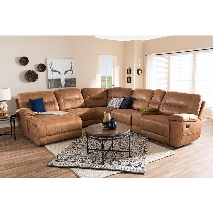 Mistral Modern and Contemporary Light Brown Palomino Suede 6-Piece Sectional with Recliners Corner Lounge Suite. Picture 1