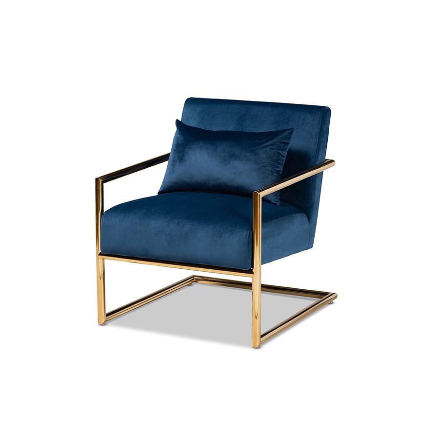 Luxe Navy Blue Velvet Fabric Upholstered Gold Finished Metal Lounge Chair. Picture 1