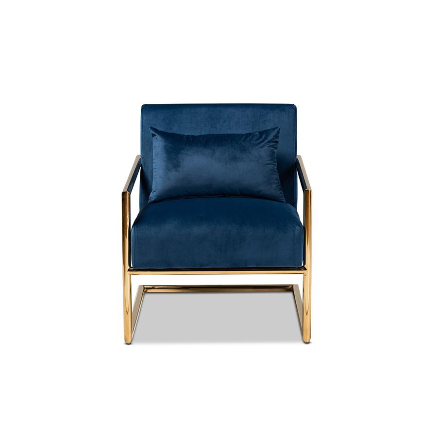 Luxe Navy Blue Velvet Fabric Upholstered Gold Finished Metal Lounge Chair. Picture 2