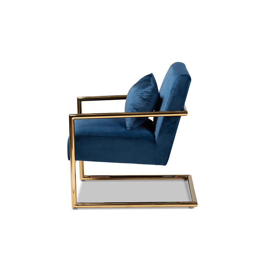 Baxton Studio Mira Glam and Luxe Navy Blue Velvet Fabric Upholstered Gold Finished Metal Lounge Chair. Picture 4