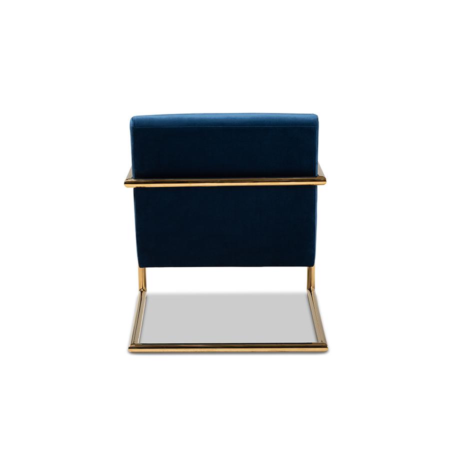 Luxe Navy Blue Velvet Fabric Upholstered Gold Finished Metal Lounge Chair. Picture 4