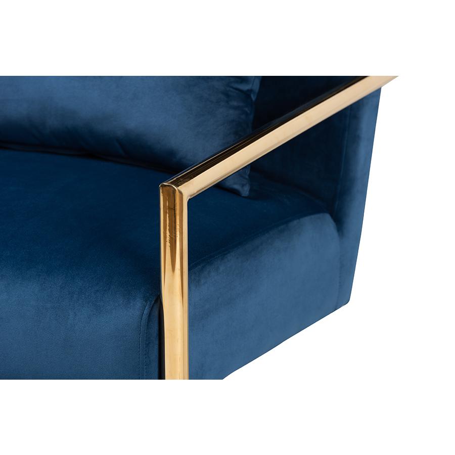 Luxe Navy Blue Velvet Fabric Upholstered Gold Finished Metal Lounge Chair. Picture 5