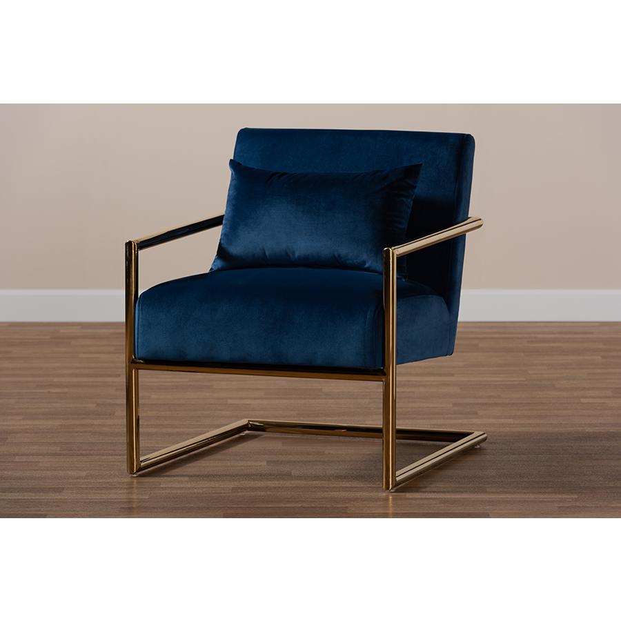 Luxe Navy Blue Velvet Fabric Upholstered Gold Finished Metal Lounge Chair. Picture 7