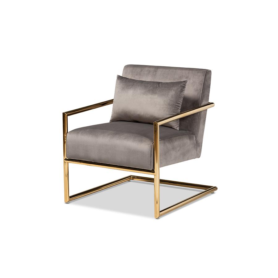 Baxton Studio Mira Glam and Luxe Grey Velvet Fabric Upholstered Gold Finished Metal Lounge Chair. Picture 1