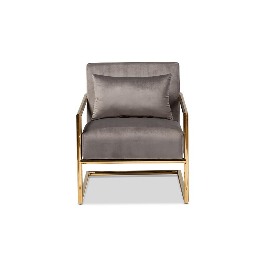 Luxe Grey Velvet Fabric Upholstered Gold Finished Metal Lounge Chair. Picture 2