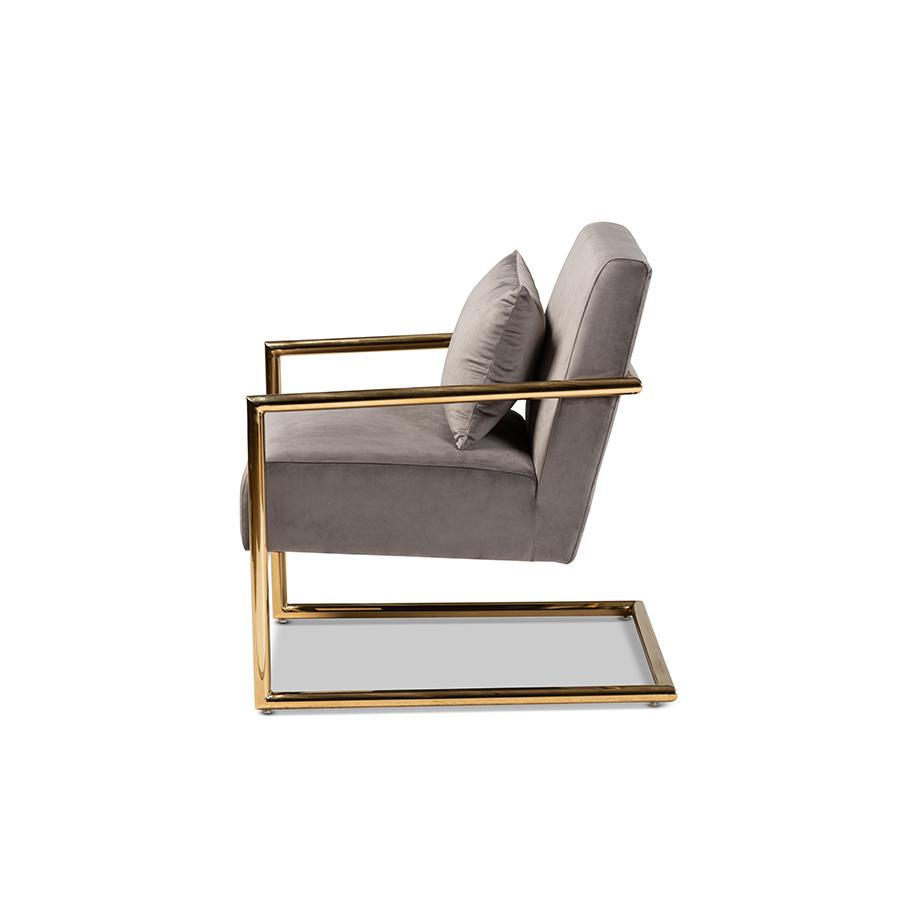 Baxton Studio Mira Glam and Luxe Grey Velvet Fabric Upholstered Gold Finished Metal Lounge Chair. Picture 4