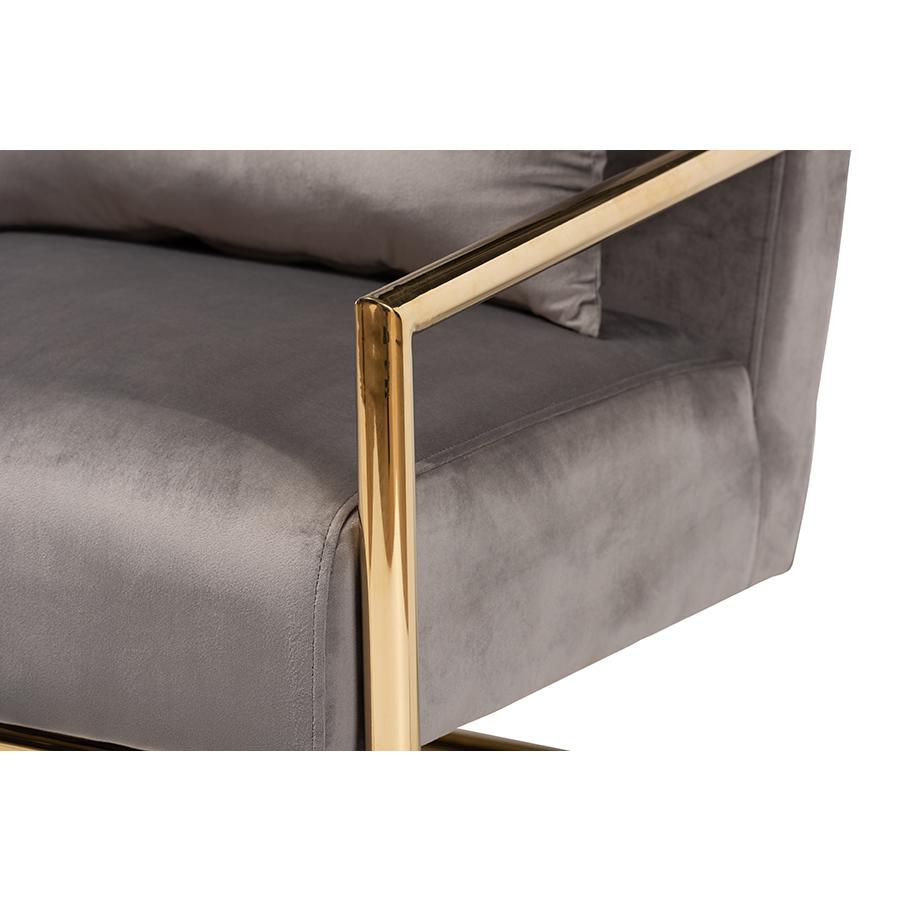 Luxe Grey Velvet Fabric Upholstered Gold Finished Metal Lounge Chair. Picture 5