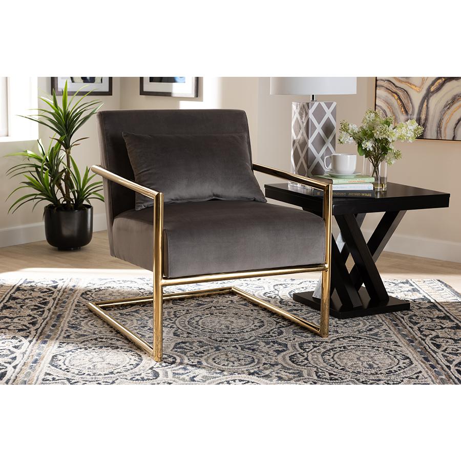 Luxe Grey Velvet Fabric Upholstered Gold Finished Metal Lounge Chair. Picture 6