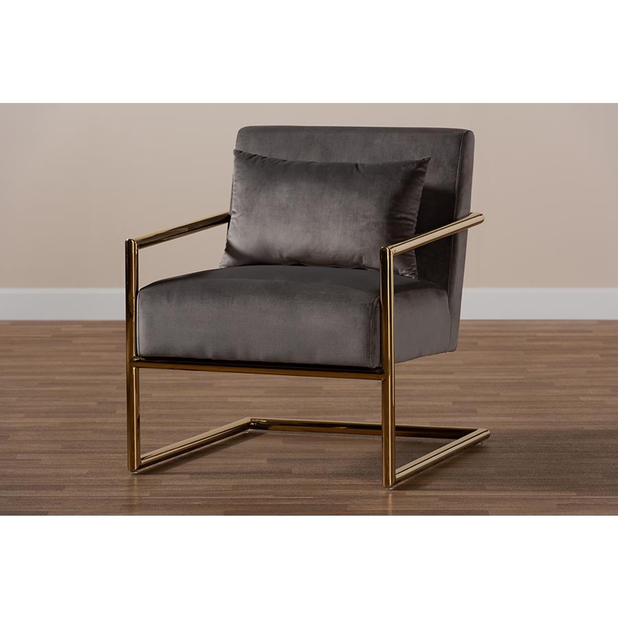 Luxe Grey Velvet Fabric Upholstered Gold Finished Metal Lounge Chair. Picture 7