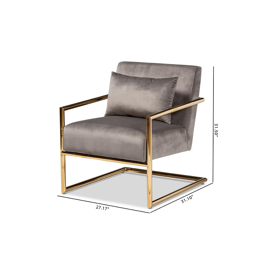Luxe Grey Velvet Fabric Upholstered Gold Finished Metal Lounge Chair. Picture 8