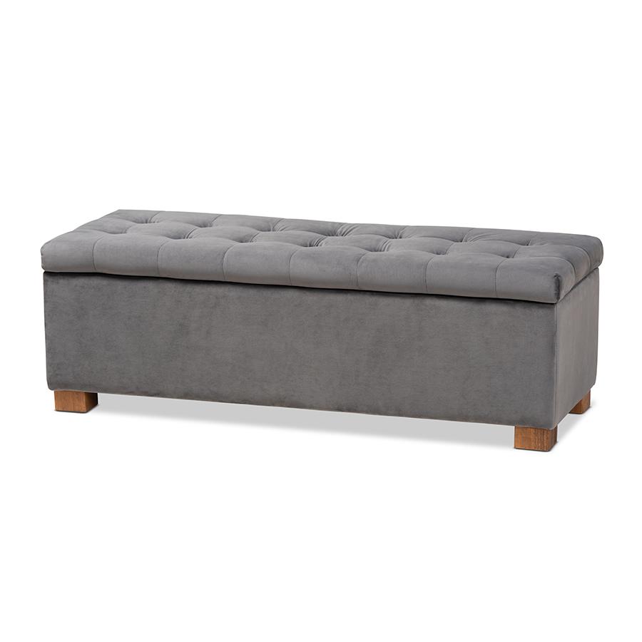 Grey Velvet Fabric Upholstered Grid-Tufted Storage Ottoman Bench. Picture 1