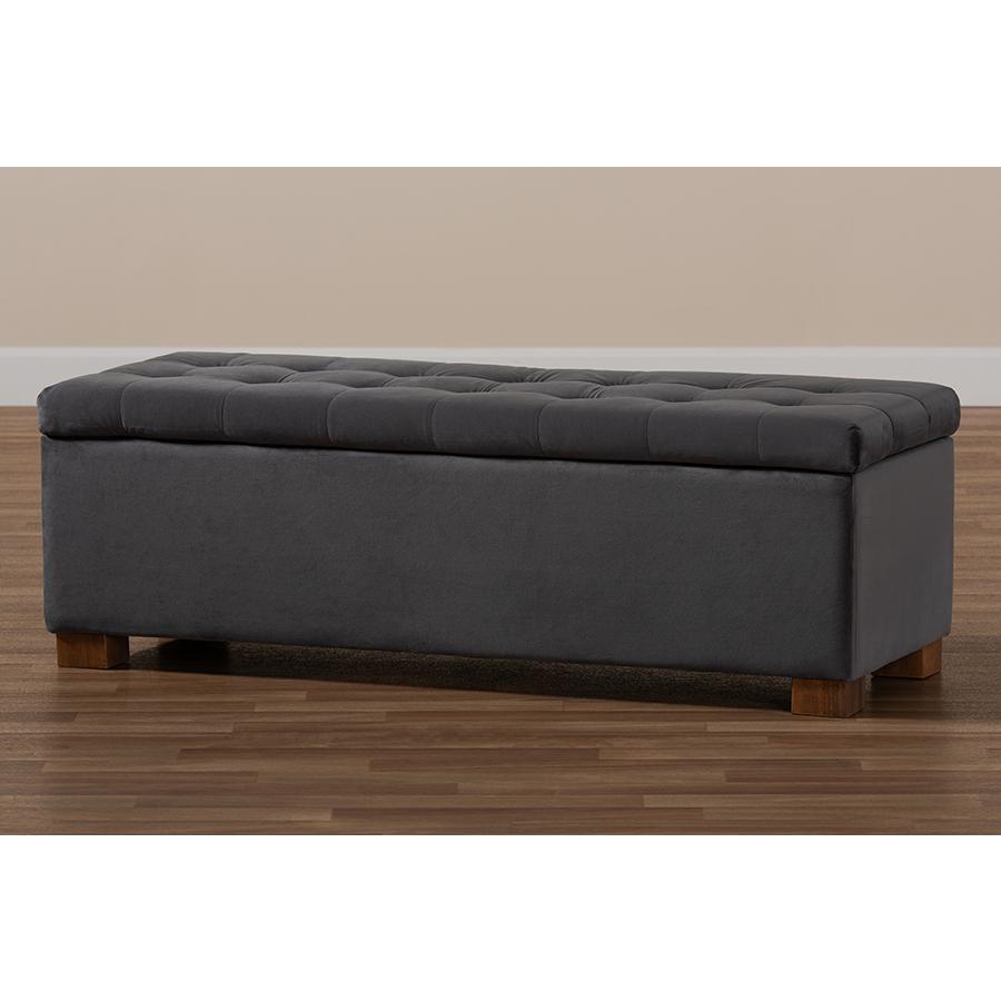 Baxton Studio Roanoke Modern and Contemporary Grey Velvet Fabric Upholstered Grid-Tufted Storage Ottoman Bench. Picture 11