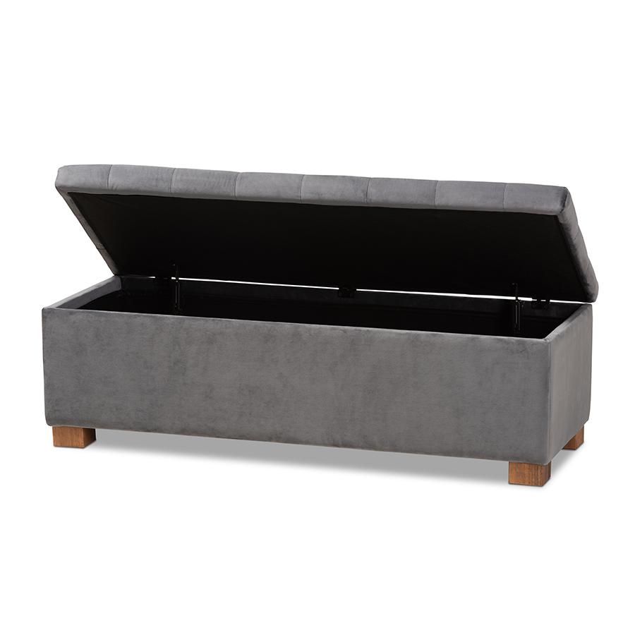 Baxton Studio Roanoke Modern and Contemporary Grey Velvet Fabric Upholstered Grid-Tufted Storage Ottoman Bench. Picture 3