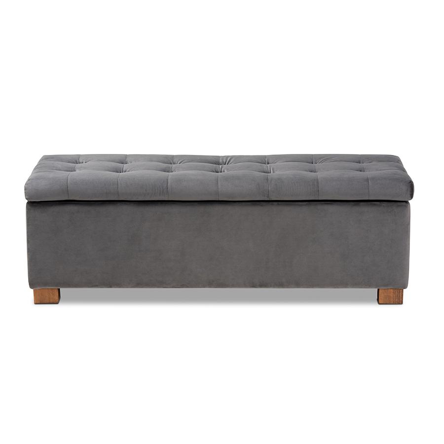 Grey Velvet Fabric Upholstered Grid-Tufted Storage Ottoman Bench. Picture 3