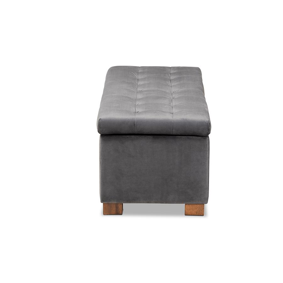Grey Velvet Fabric Upholstered Grid-Tufted Storage Ottoman Bench. Picture 4