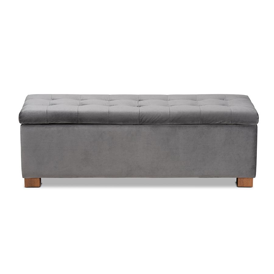Grey Velvet Fabric Upholstered Grid-Tufted Storage Ottoman Bench. Picture 5