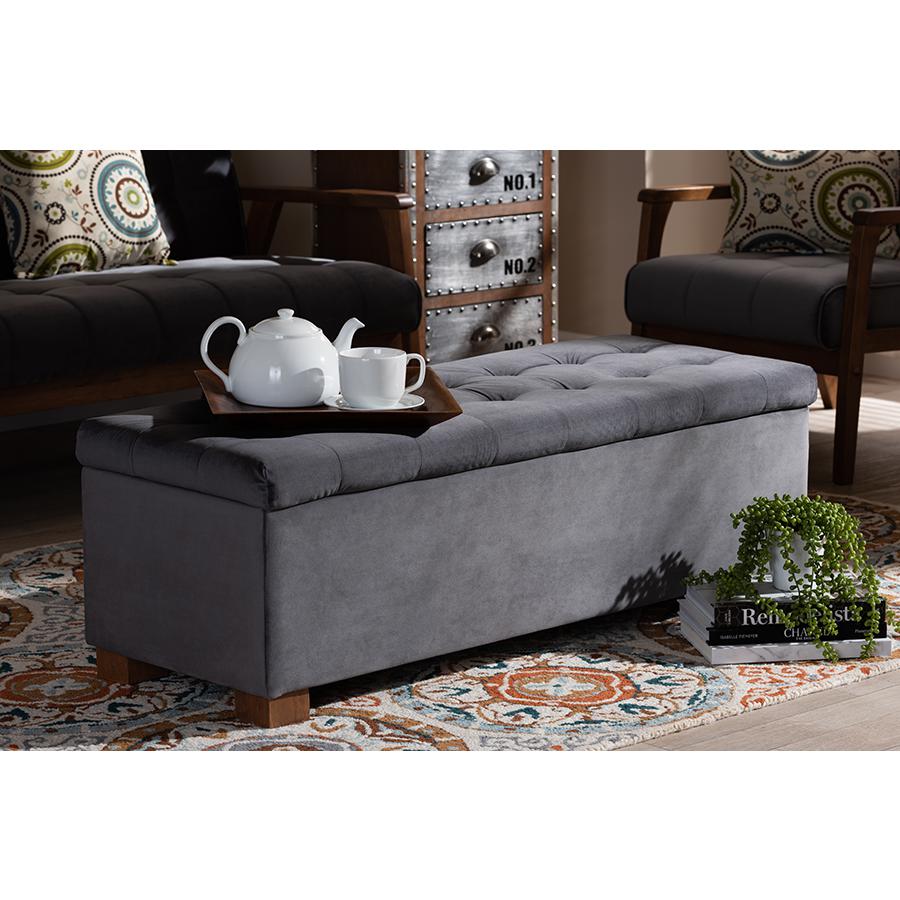 Baxton Studio Roanoke Modern and Contemporary Grey Velvet Fabric Upholstered Grid-Tufted Storage Ottoman Bench. Picture 2