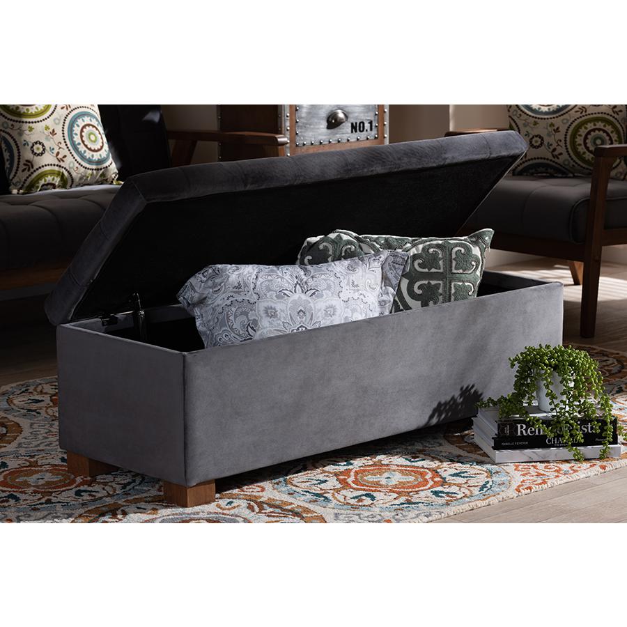 Baxton Studio Roanoke Modern and Contemporary Grey Velvet Fabric Upholstered Grid-Tufted Storage Ottoman Bench. Picture 10