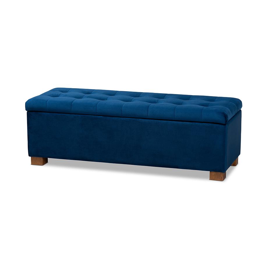 Baxton Studio Roanoke Modern and Contemporary Navy Blue Velvet Fabric Upholstered Grid-Tufted Storage Ottoman Bench. Picture 1