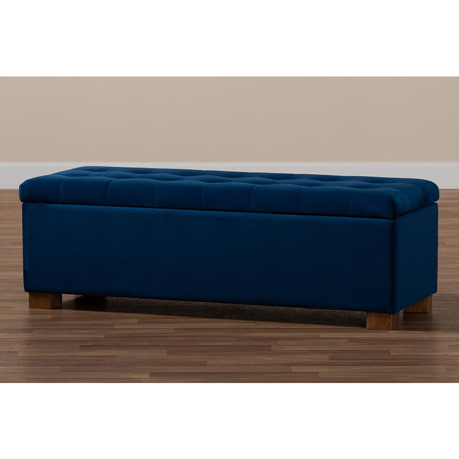Navy Blue Velvet Fabric Upholstered Grid-Tufted Storage Ottoman Bench. Picture 10