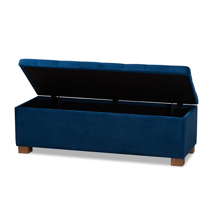 Navy Blue Velvet Fabric Upholstered Grid-Tufted Storage Ottoman Bench. Picture 2