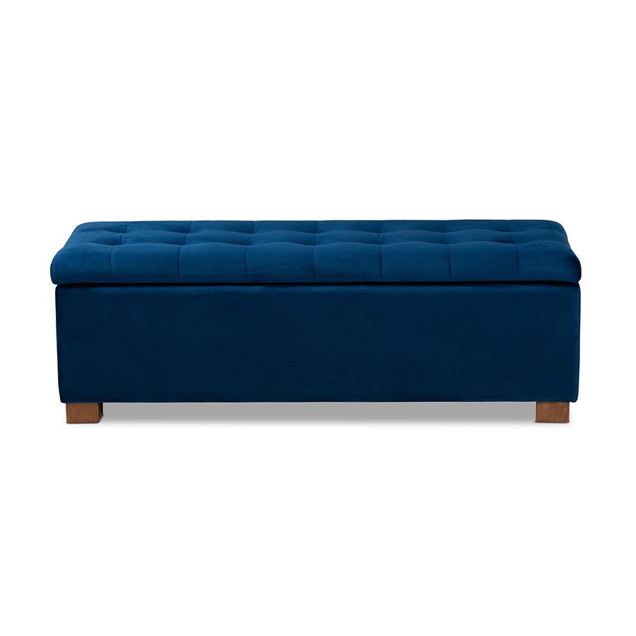 Navy Blue Velvet Fabric Upholstered Grid-Tufted Storage Ottoman Bench. Picture 3
