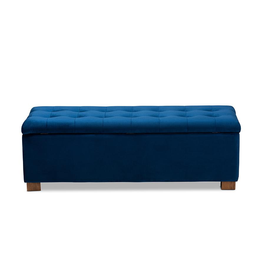 Navy Blue Velvet Fabric Upholstered Grid-Tufted Storage Ottoman Bench. Picture 5