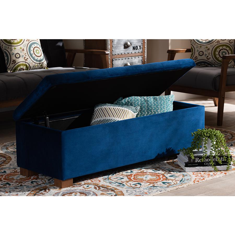 Navy Blue Velvet Fabric Upholstered Grid-Tufted Storage Ottoman Bench. Picture 9