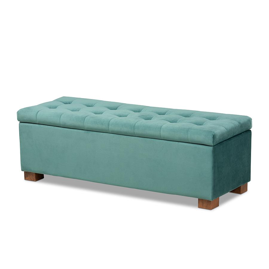 Teal Blue Velvet Fabric Upholstered Grid-Tufted Storage Ottoman Bench. Picture 1