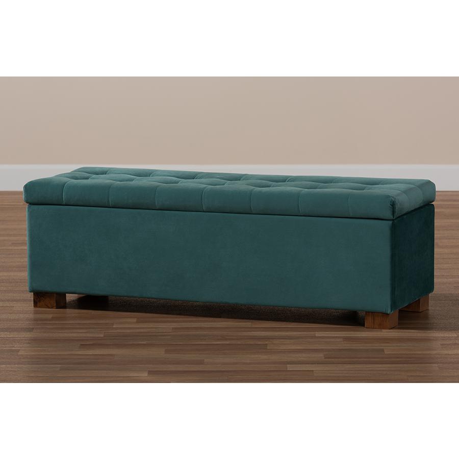 Baxton Studio Roanoke Modern and Contemporary Teal Blue Velvet Fabric Upholstered Grid-Tufted Storage Ottoman Bench. Picture 11