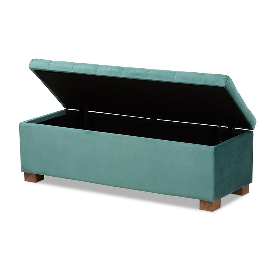 Teal Blue Velvet Fabric Upholstered Grid-Tufted Storage Ottoman Bench. Picture 2