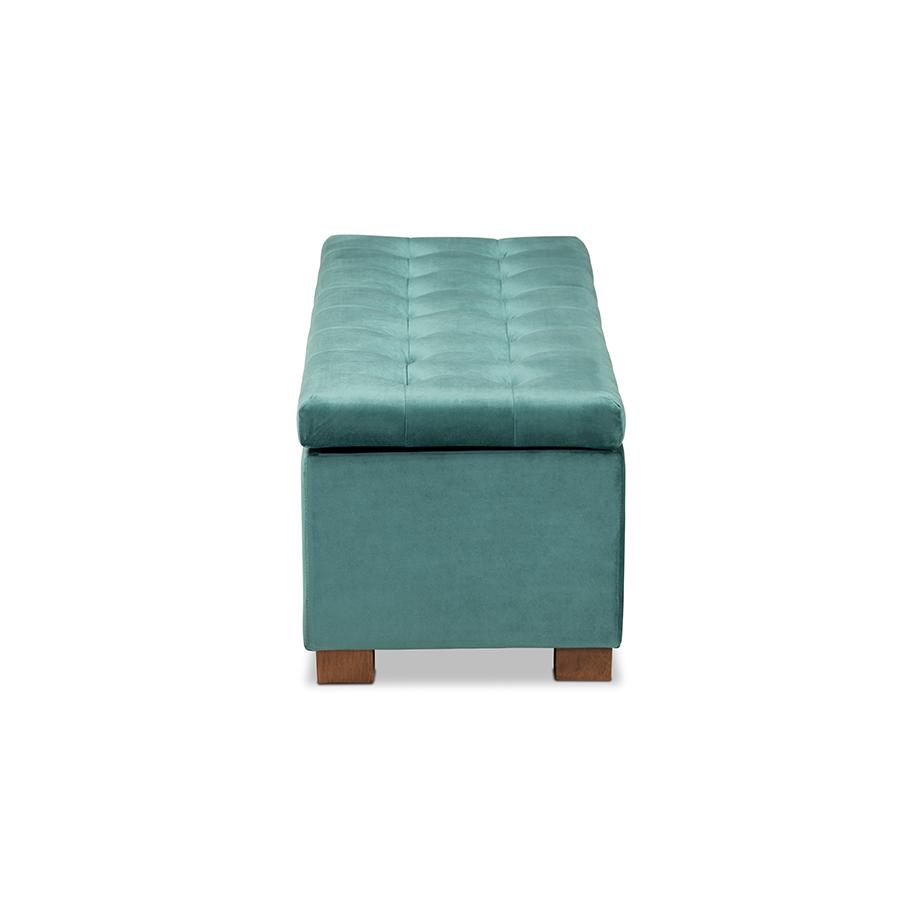 Baxton Studio Roanoke Modern and Contemporary Teal Blue Velvet Fabric Upholstered Grid-Tufted Storage Ottoman Bench. Picture 5