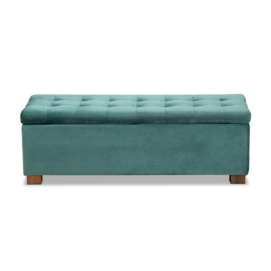 Baxton Studio Roanoke Modern and Contemporary Teal Blue Velvet Fabric Upholstered Grid-Tufted Storage Ottoman Bench. Picture 6