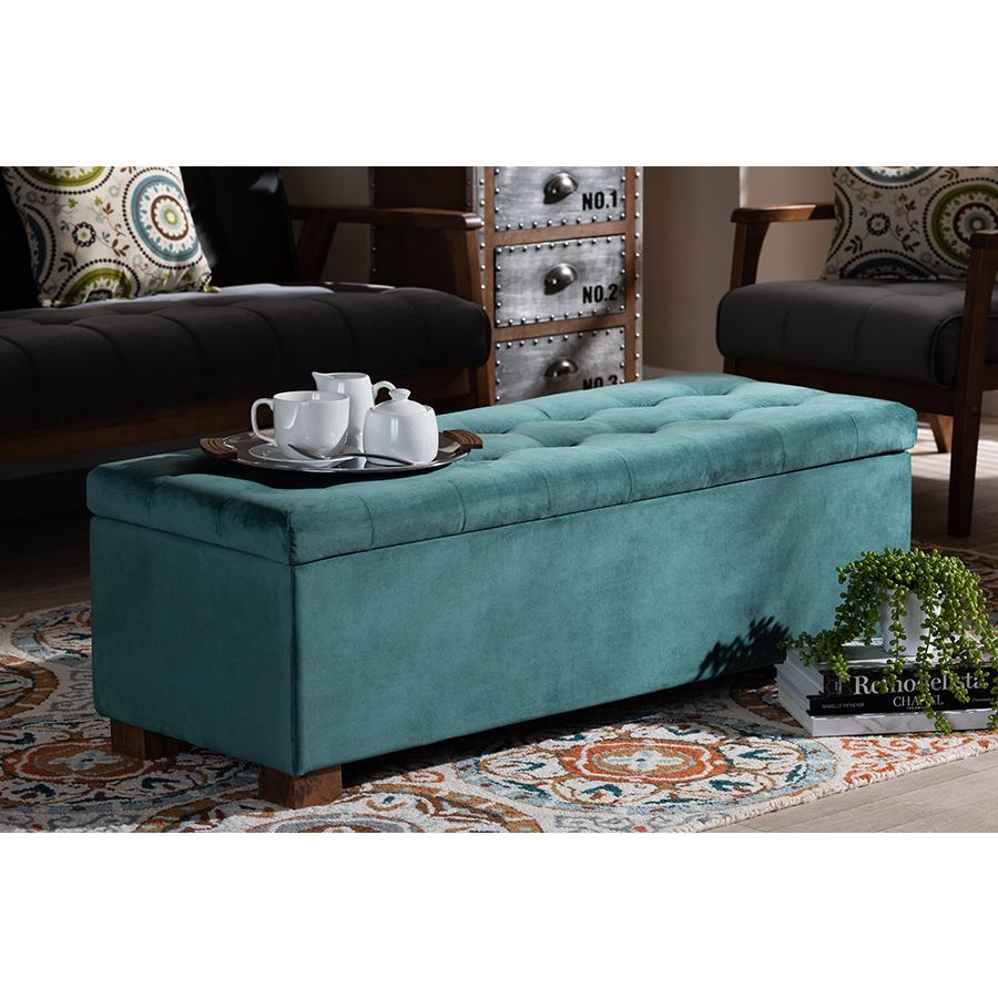 Baxton Studio Roanoke Modern and Contemporary Teal Blue Velvet Fabric Upholstered Grid-Tufted Storage Ottoman Bench. Picture 2