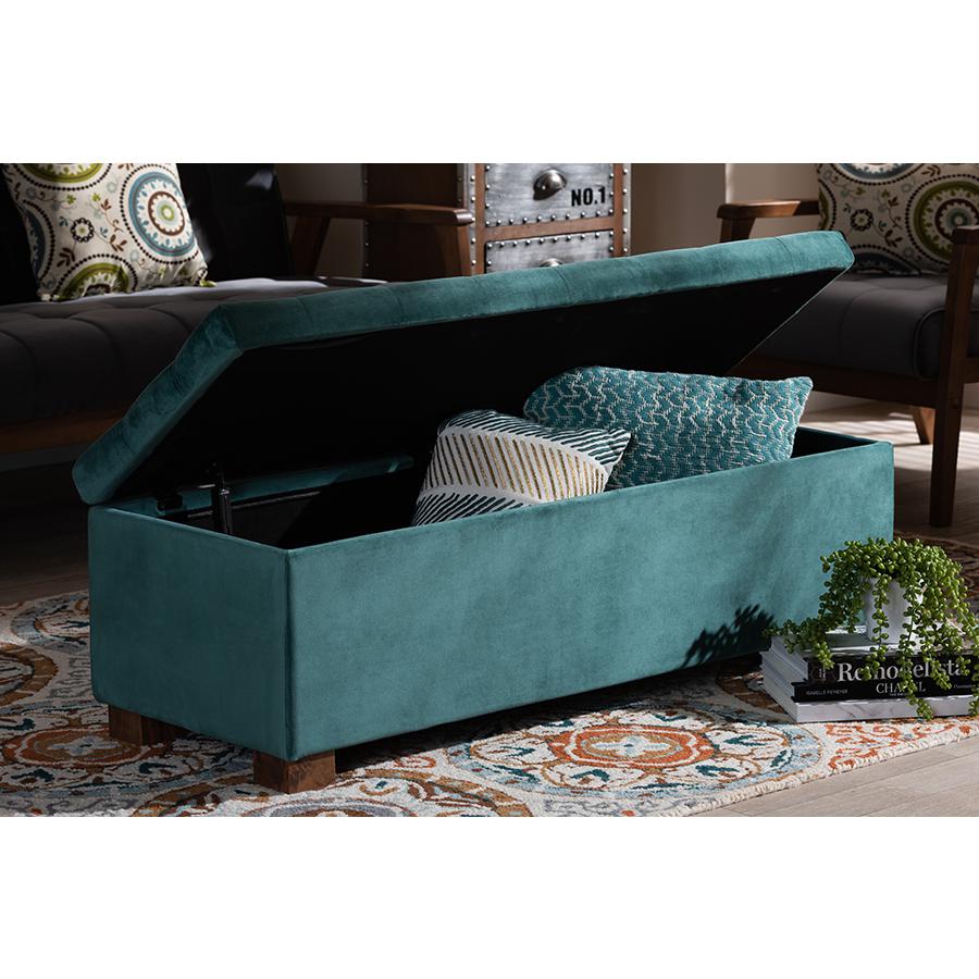 Baxton Studio Roanoke Modern and Contemporary Teal Blue Velvet Fabric Upholstered Grid-Tufted Storage Ottoman Bench. Picture 10
