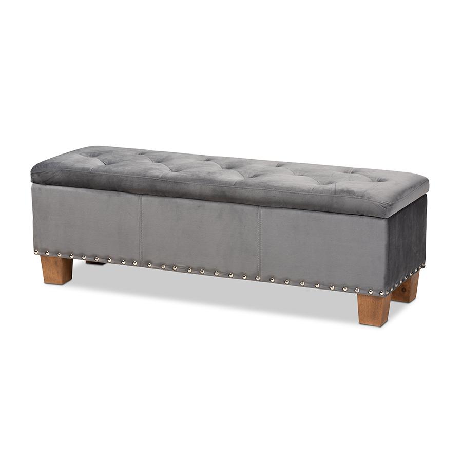 Baxton Studio Hannah Modern and Contemporary Grey Velvet Fabric Upholstered Button-Tufted Storage Ottoman Bench. Picture 1