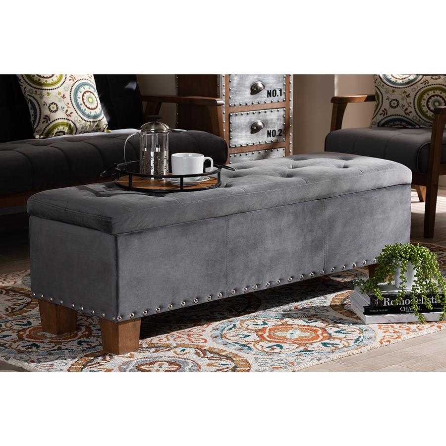 Baxton Studio Hannah Modern and Contemporary Grey Velvet Fabric Upholstered Button-Tufted Storage Ottoman Bench. Picture 2