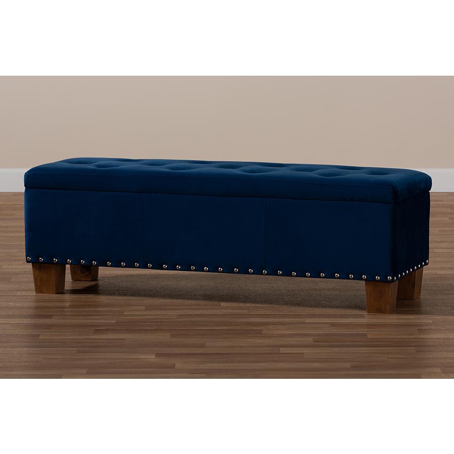 Navy Blue Velvet Fabric Upholstered Button-Tufted Storage Ottoman Bench. Picture 10