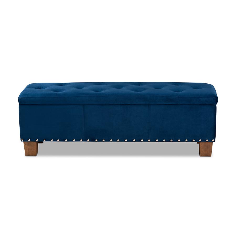 Navy Blue Velvet Fabric Upholstered Button-Tufted Storage Ottoman Bench. Picture 3